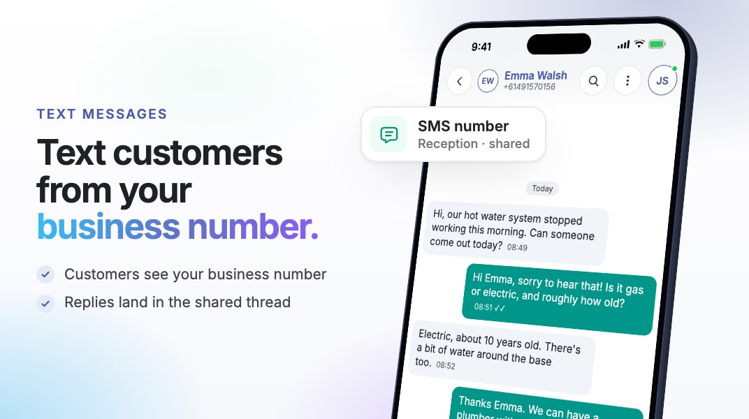 Text customers from your business number. A customer text conversation in myCloudPBX Connect, from a shared Reception number.