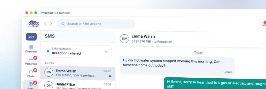 A customer text conversation in myCloudPBX Connect, on a shared Reception number.
