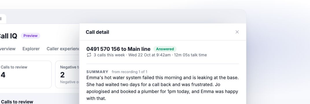 A Call IQ call summary in the myCloudPBX Service Portal.