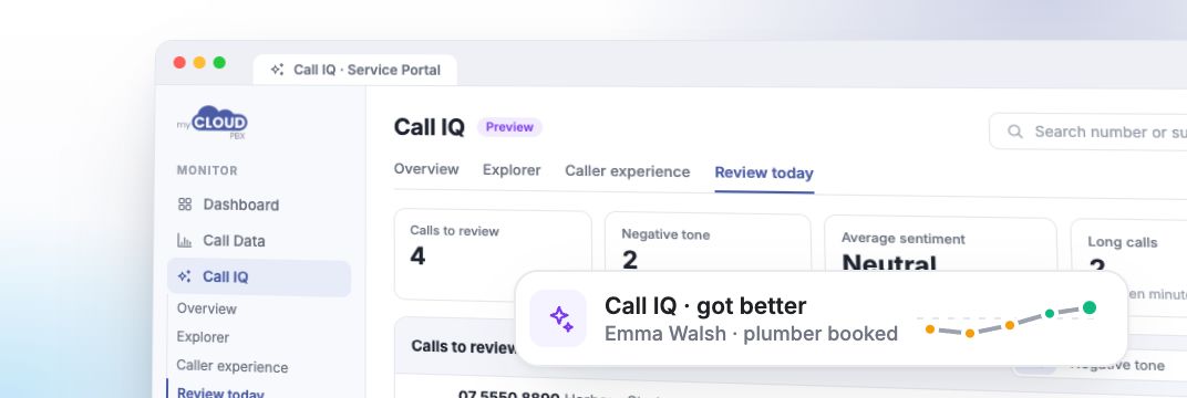 Call IQ's list of calls to review, with a call that got better.