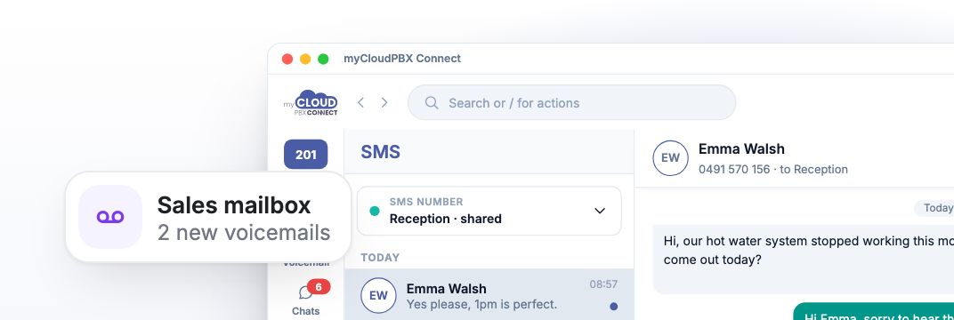 myCloudPBX Connect on a computer, with customer texts on a shared Reception number and new voicemails in the Sales mailbox.