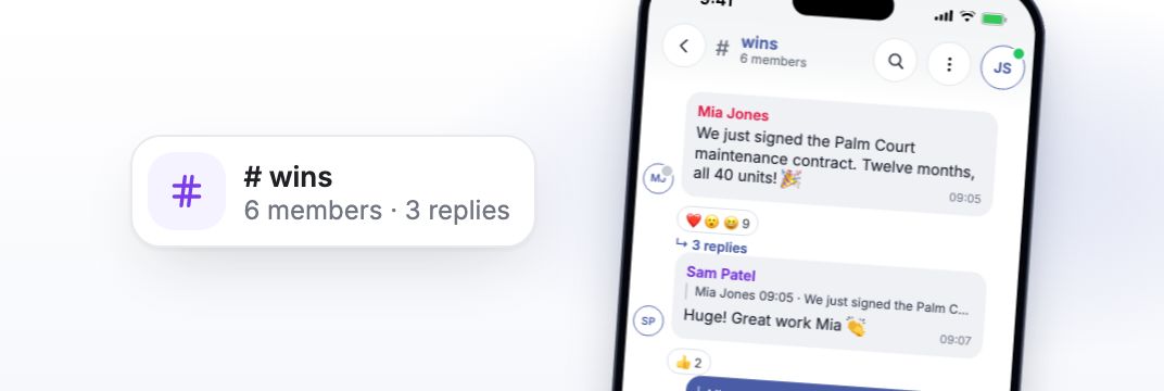 A team chat channel on a phone, with replies and reactions.
