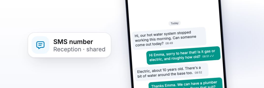A text conversation with a customer on a phone, from the shared Reception number.